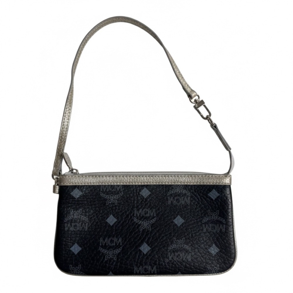 MCM Visetos Monogram Blk Silver Metallic Trim Pochette Mini Wristlet Whimsigoth